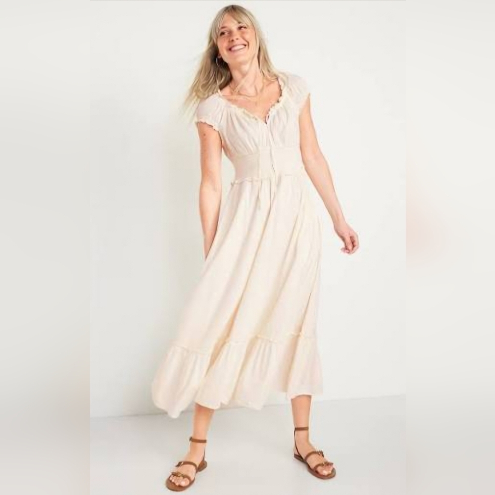 Old Navy Cream Waist-Defined Puff-Sleeve Clip-Dot Midi Dress in size XS.